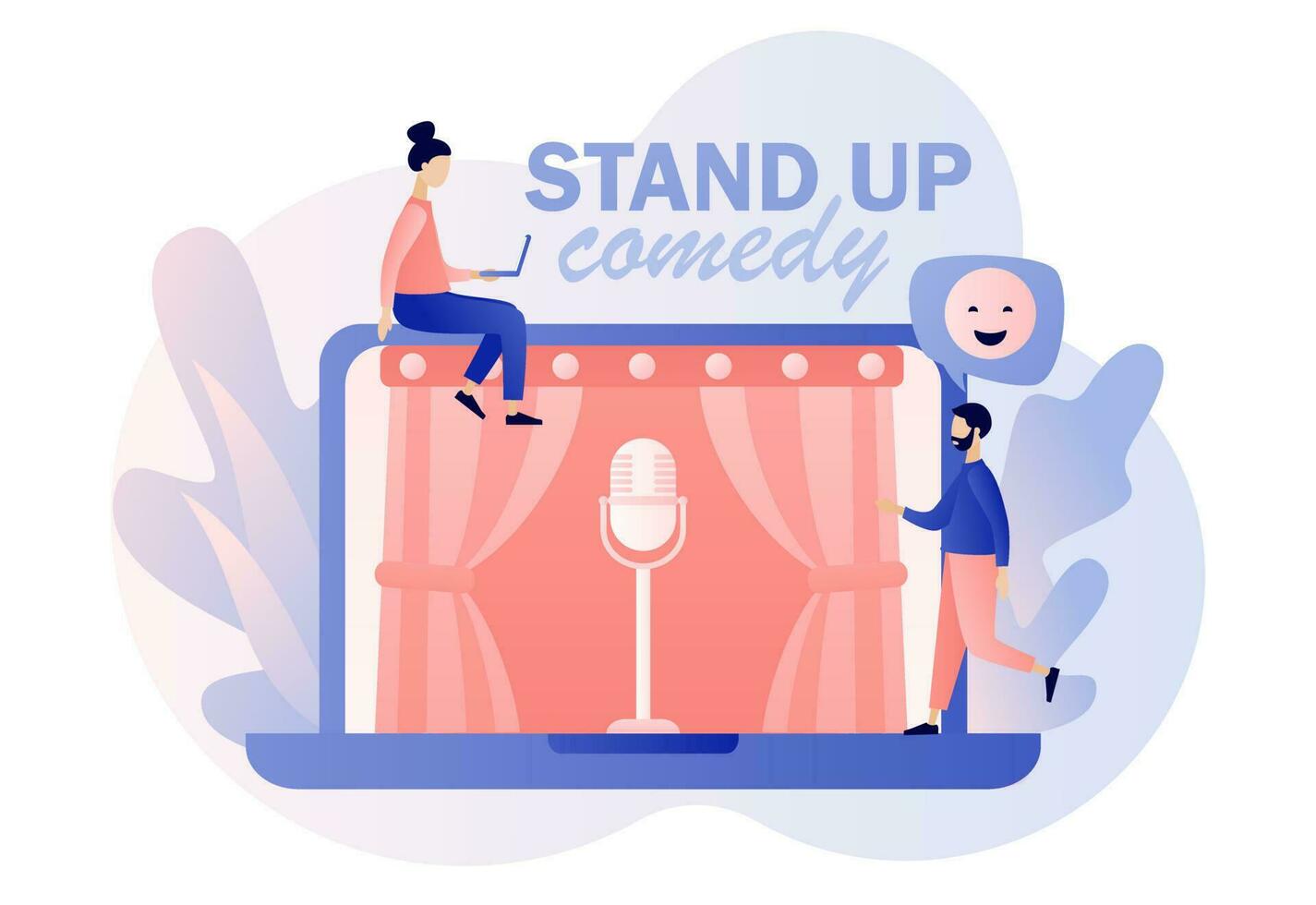 Stand Up comedy show online. Open mic. Invitation to Comedy concert. Modern flat cartoon style. Vector illustration on white background