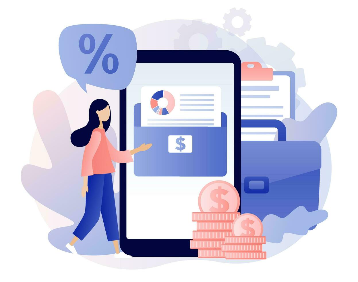 Investment portfolio in smartphone app. Tiny woman with stock portfolio planning invest strategy, savings and budgets. Diversified assets. Financial management concept. Modern flat cartoon style. Vect vector