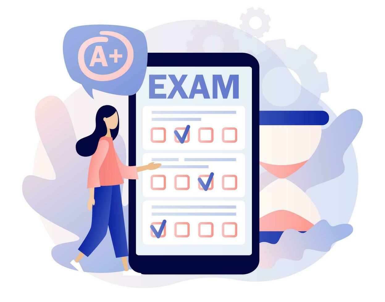 Online exam. Tiny studentgirl with test exam result on smartphone. Education, studying, Digital elearnning, degree, graduate concept. Modern flat cartoon style. Vector illustration on white background