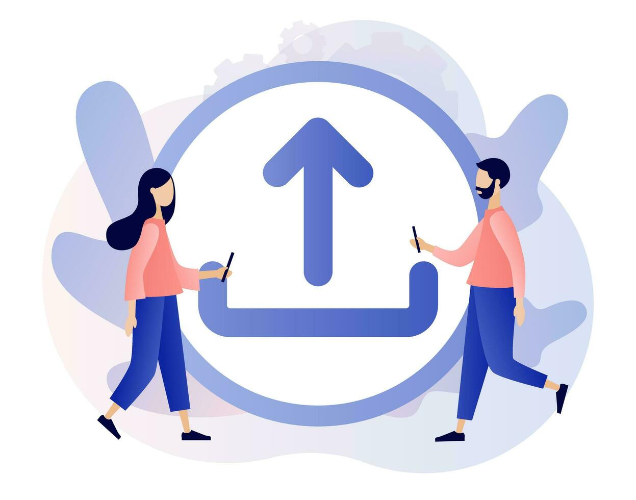 Upload symbol. Tiny people uploading data, files. Load sign. Data exchange concept. Modern flat cartoon style. Vector illustration on white background