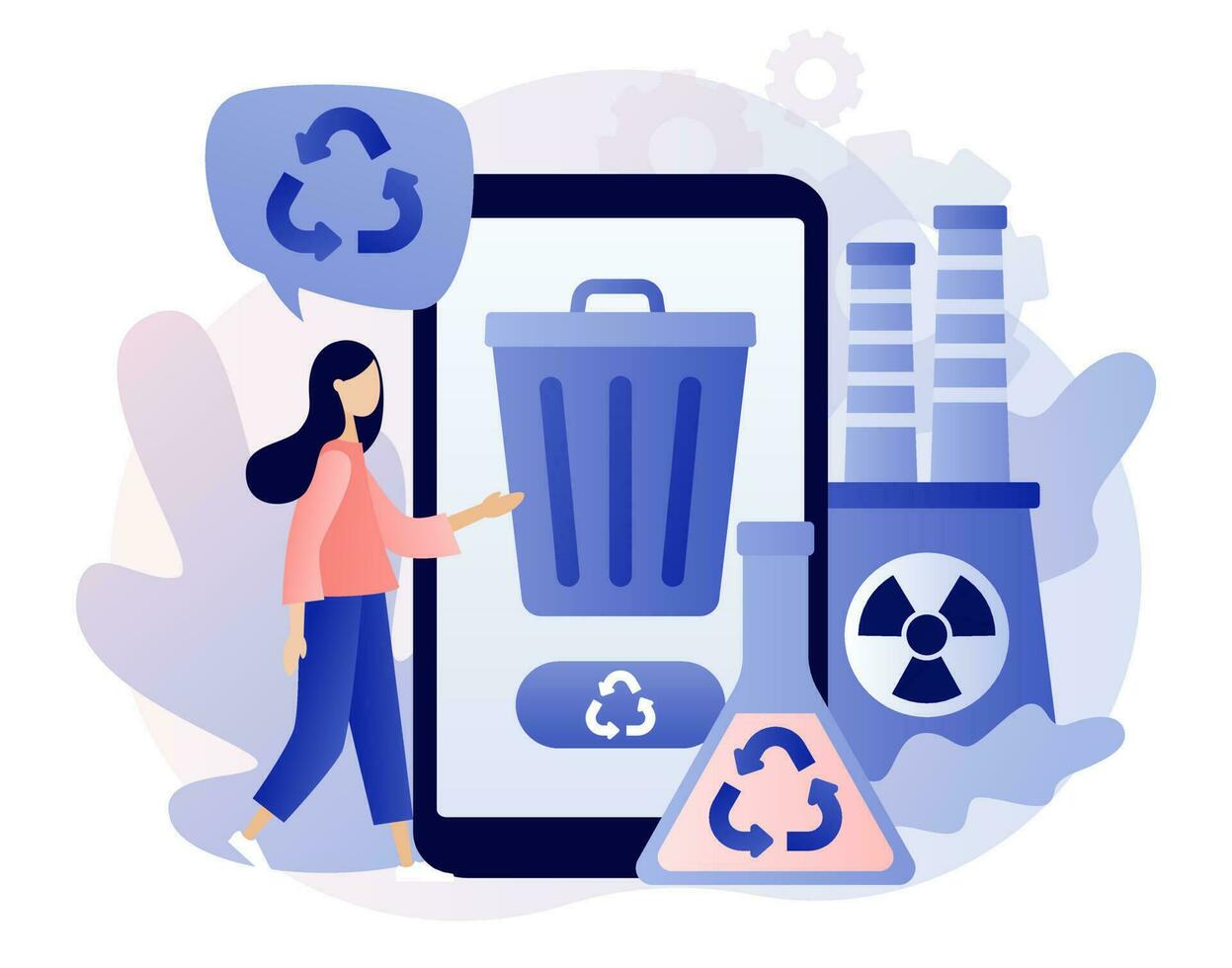 Chemical recycling. Chemical trash disposal and utilization online service. Hazardous waste management. Plastics recycling method. Modern flat cartoon style. Vector illustration on white background