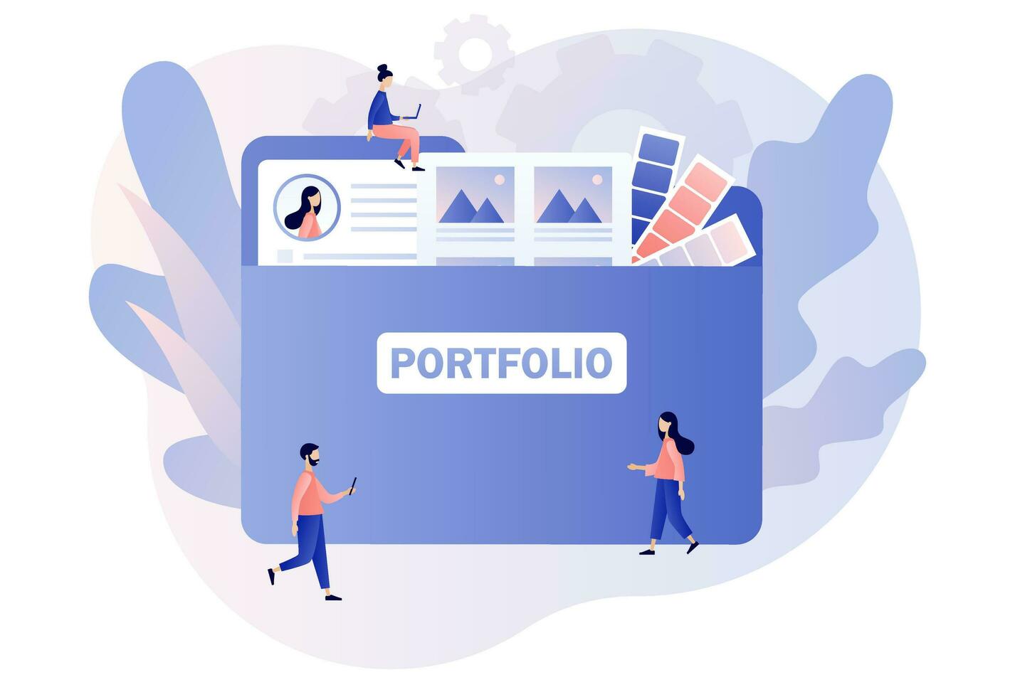 Portfolio concept. Preview folder presentation artist, designer or photographer. Briefcase with work gallery and file collection. Modern flat cartoon style. Vector illustration on white background