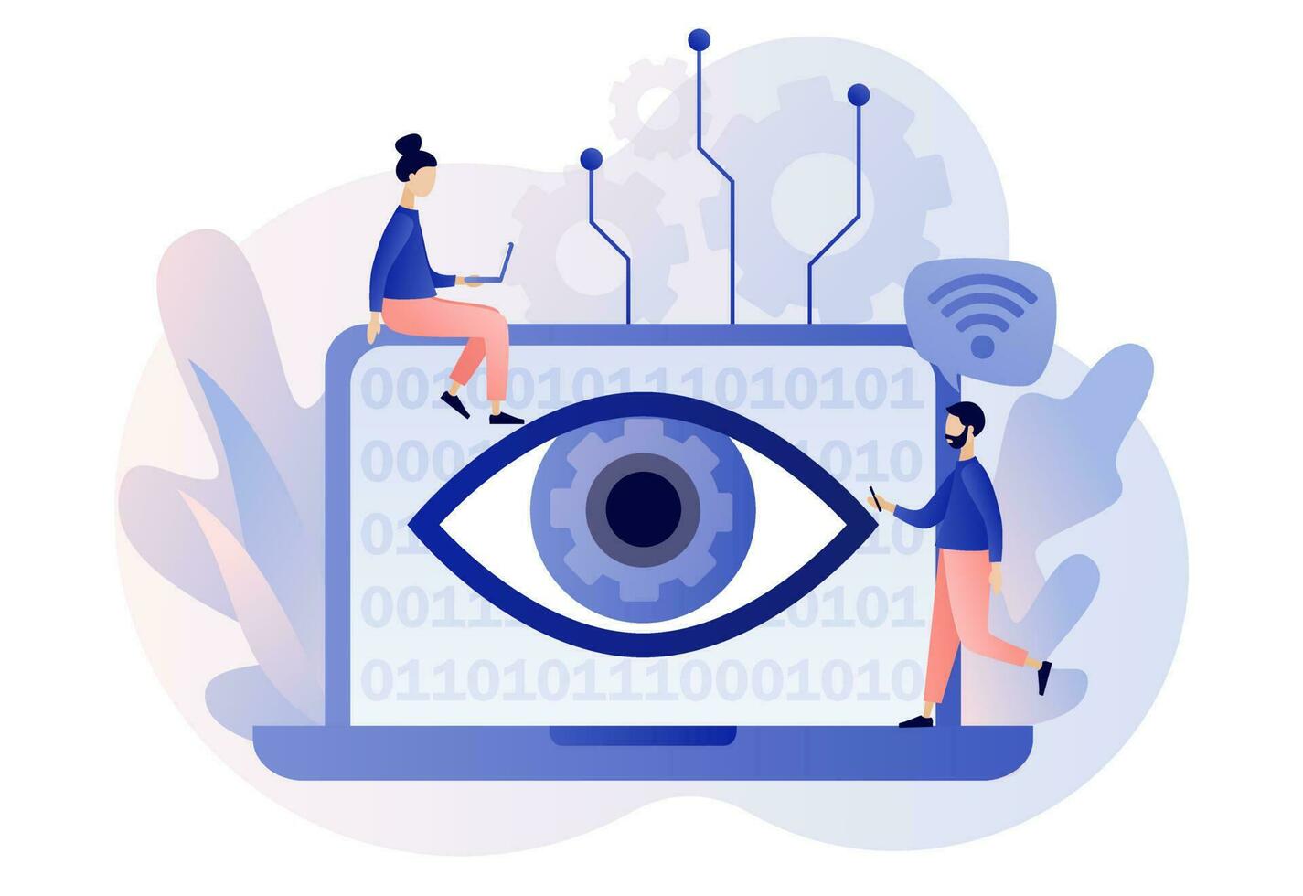Computer vision. Neuro vision on laptop screen. Artificial intelligence concept. Video surveillance system, augmented reality systems. Modern flat cartoon style. Vector illustration