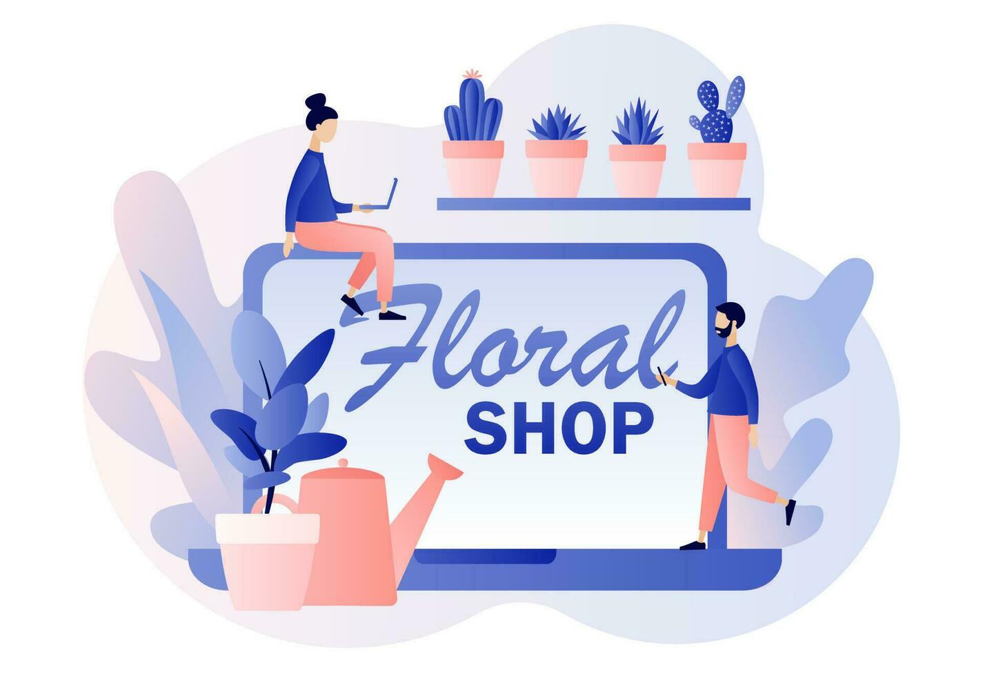 Florist concept. Floral shop online. Tiny people orders flower pots in web site. Floristic business. Flower delivery. Modern flat cartoon style. Vector illustration on white background