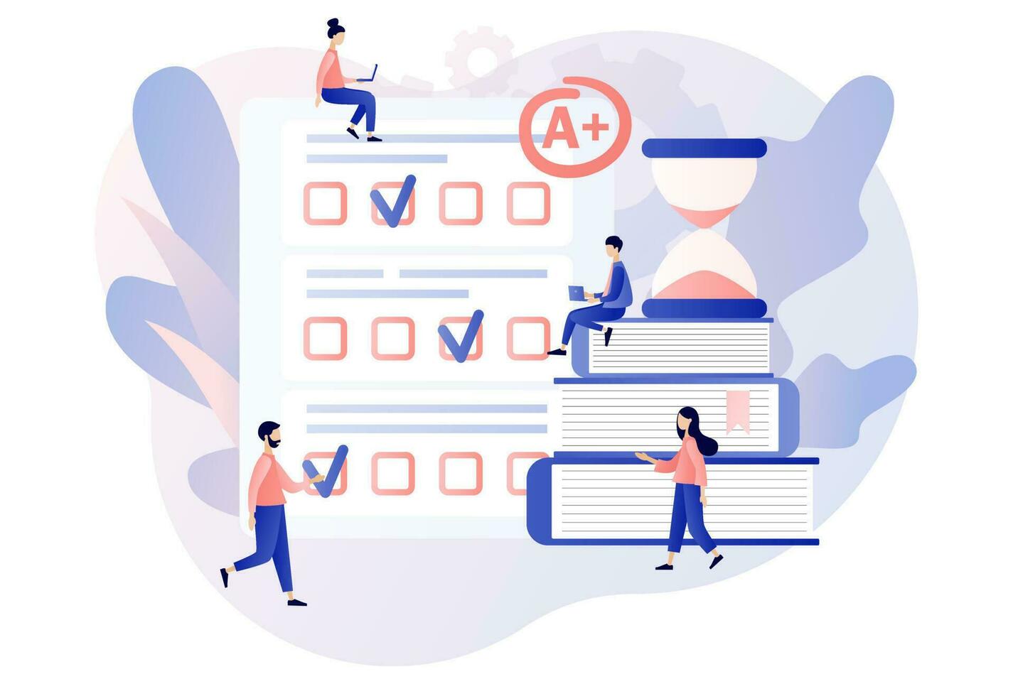 Exam concept. Tiny students with test exam result. Education, studying, Digital elearnning, degree, graduate concept. Modern flat cartoon style. Vector illustration on white background
