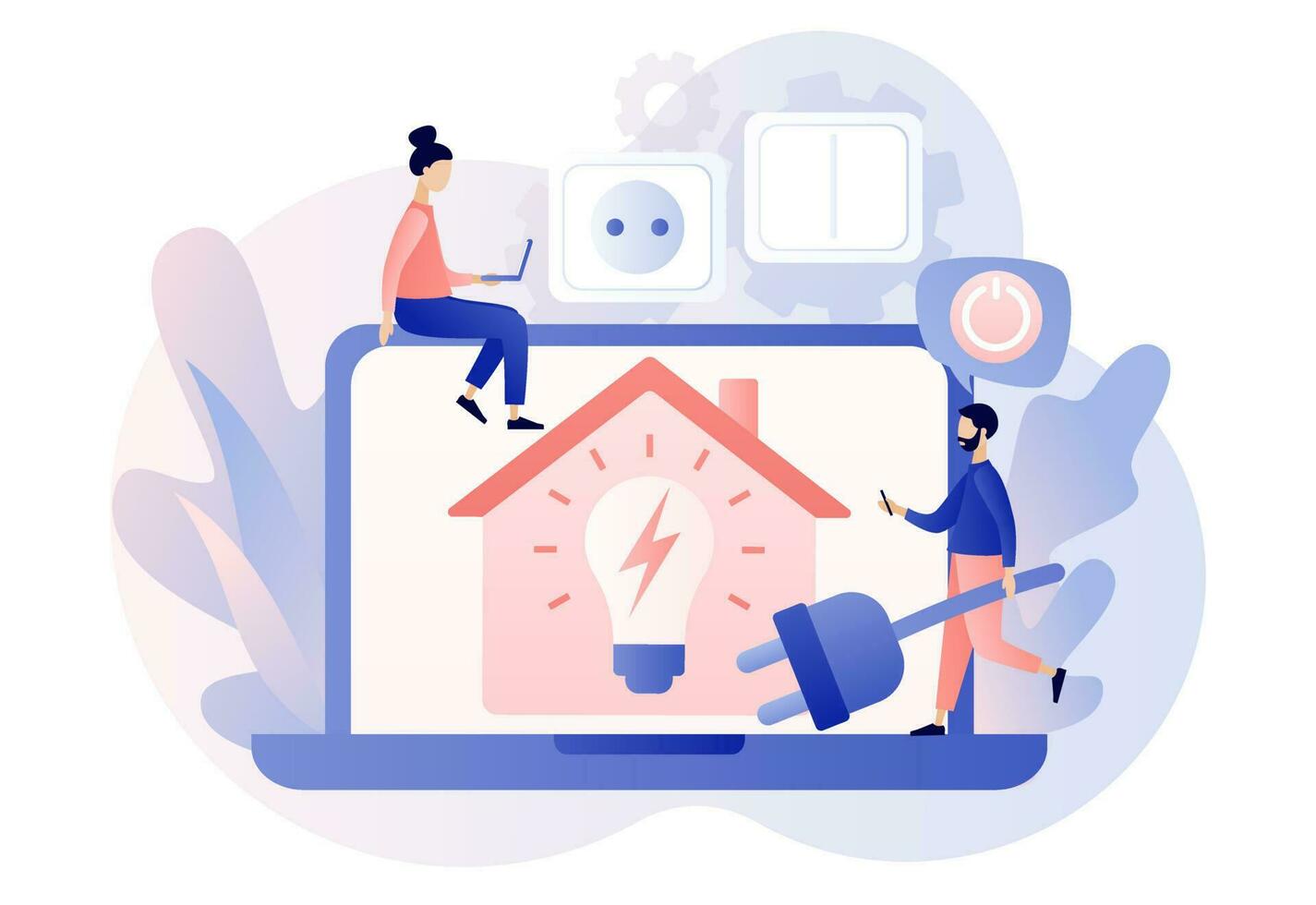 Sustainability concept. Energy saving. Reduce energy consumption at home. Unplug appliances and use energy saving light bulb. Modern flat cartoon style. Vector illustration on white background