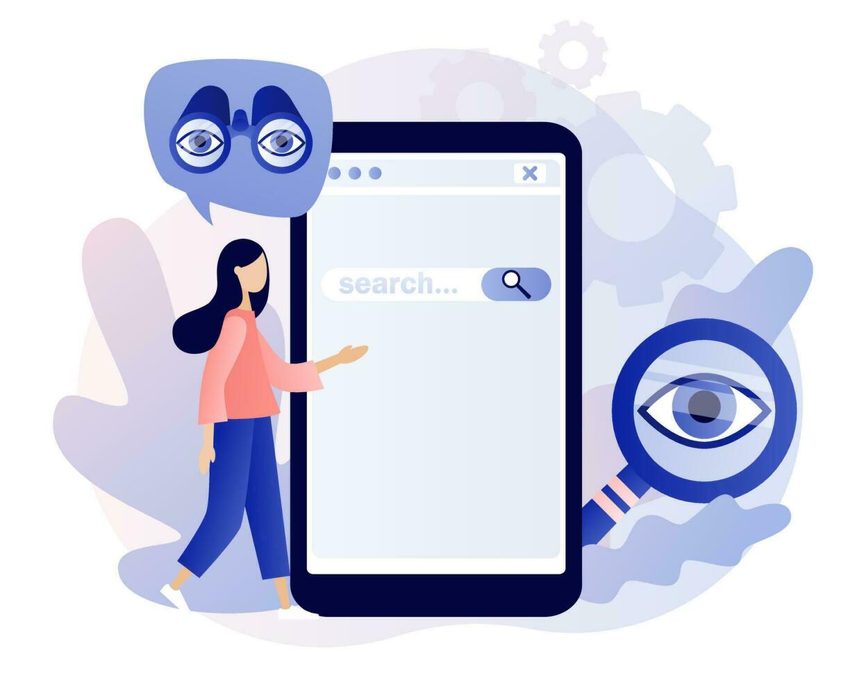 Search bar. Tiny woman browsing online information, surfing internet with binocular, magnifying glass in smartphone app. SEO concept. Modern flat cartoon style. Vector illustration on white background