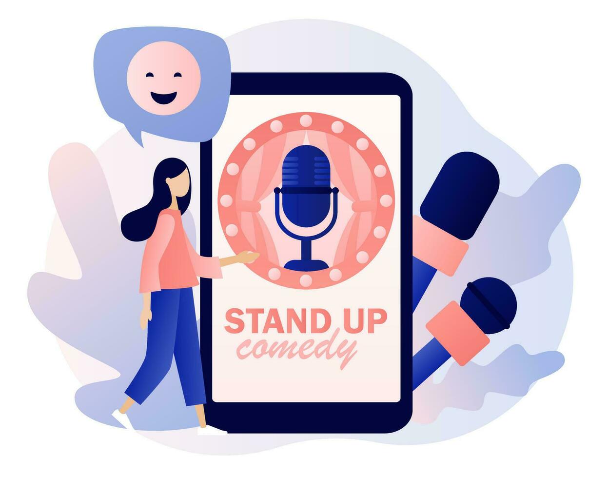 Stand Up comedy show. Open mic. Invitation to Comedy concert in smartphone app. Modern flat cartoon style. Vector illustration on white background