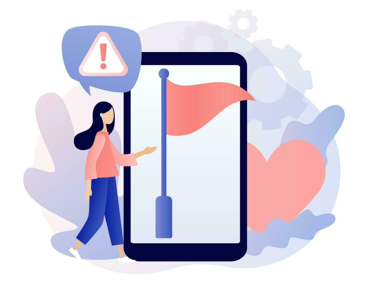 Red flag warning on smartphone screen. Attention or alert for threat in relationships, partnership, business. Metaphor problem, trouble and difficulty. Modern flat cartoon style. Vector illustration