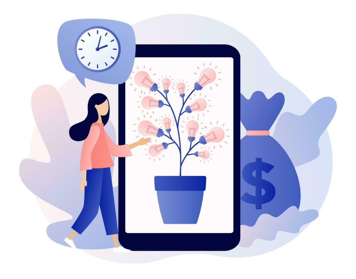 Money for ideas. Tiny people sell business idea. Investment in creative project or startup company. Tree of ideas. Modern flat cartoon style. Vector illustration on white background