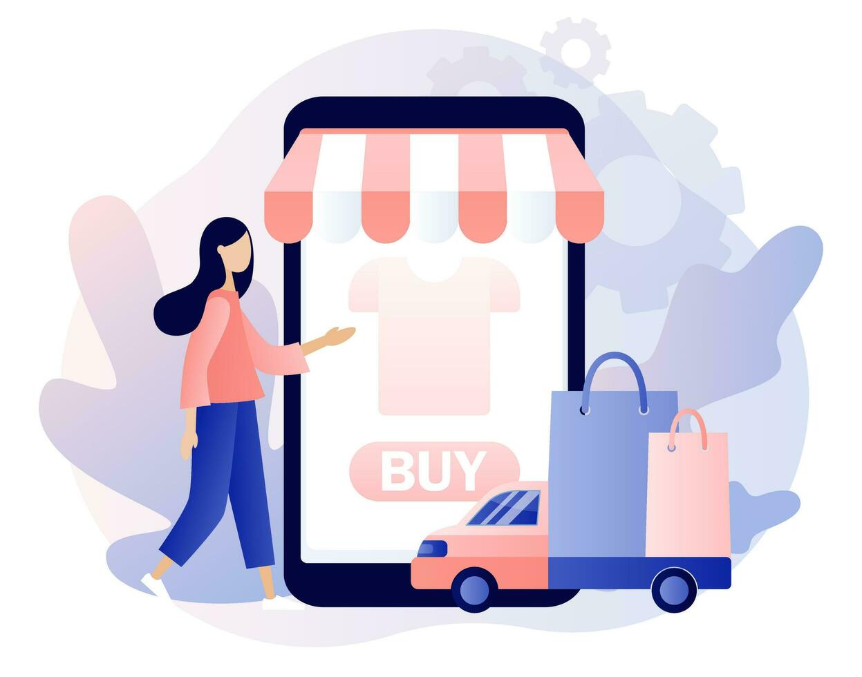 Online shopping store. Sale, product order and delivery of goods. Tiny woman place orders in smartphone app. Business marketing. Modern flat cartoon style. Vector illustration on white background