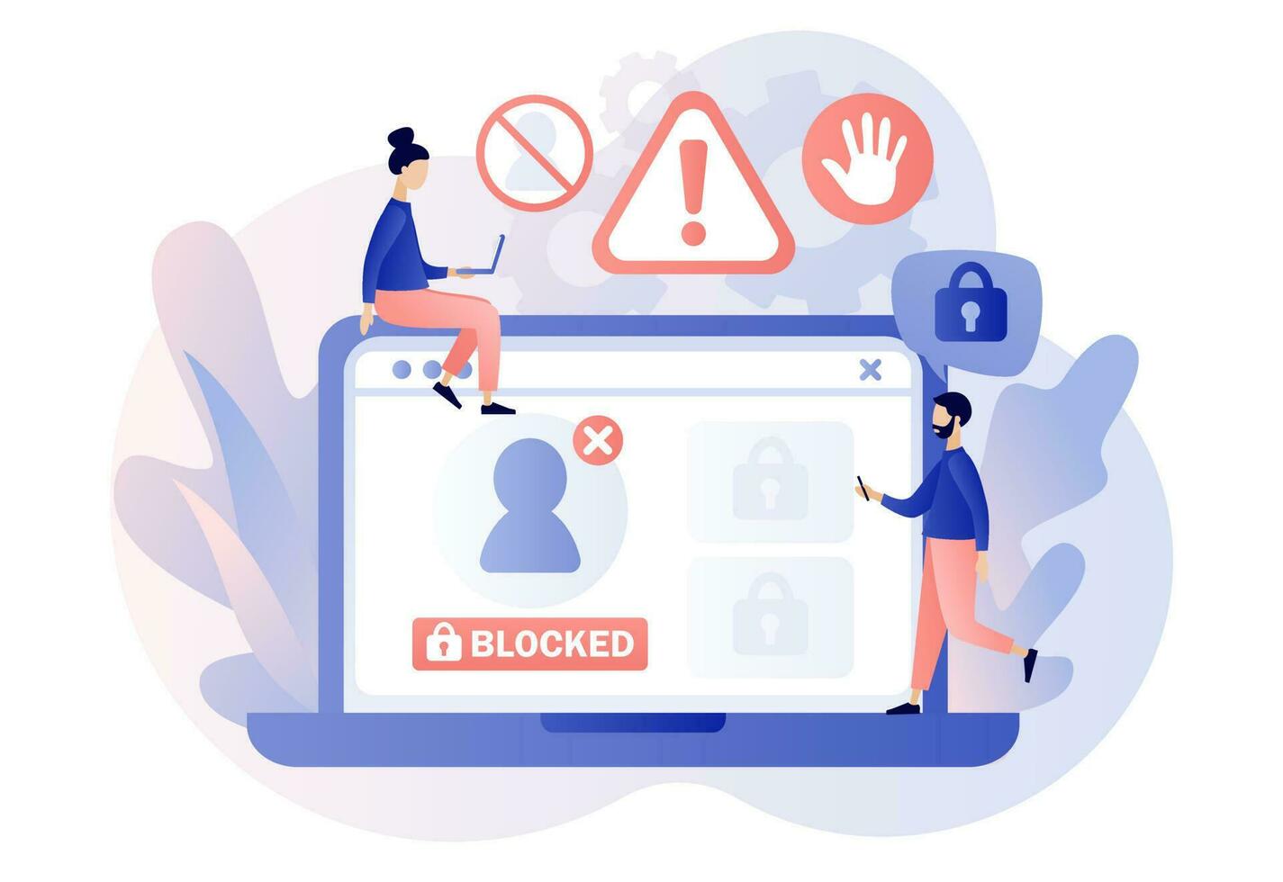 Account blocked. Hacker cyber attack, censorship or ransomware activity security. Data protection concept. Cyber crime. Modern flat cartoon style. Vector illustration on white background