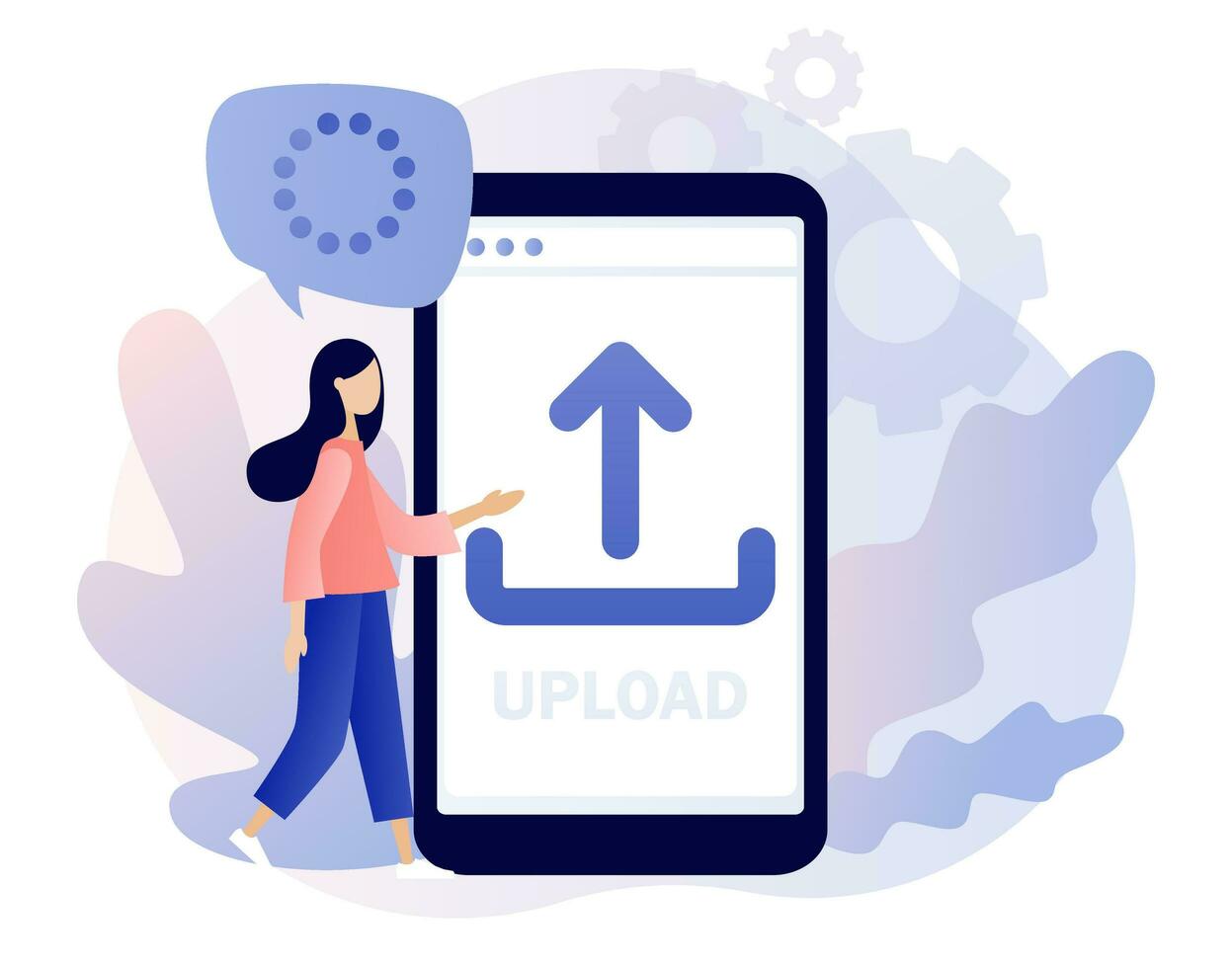 Upload symbol. Load sign. Tiny woman uploading data, files from smartphone. Data exchange concept. Modern flat cartoon style. Vector illustration on white background
