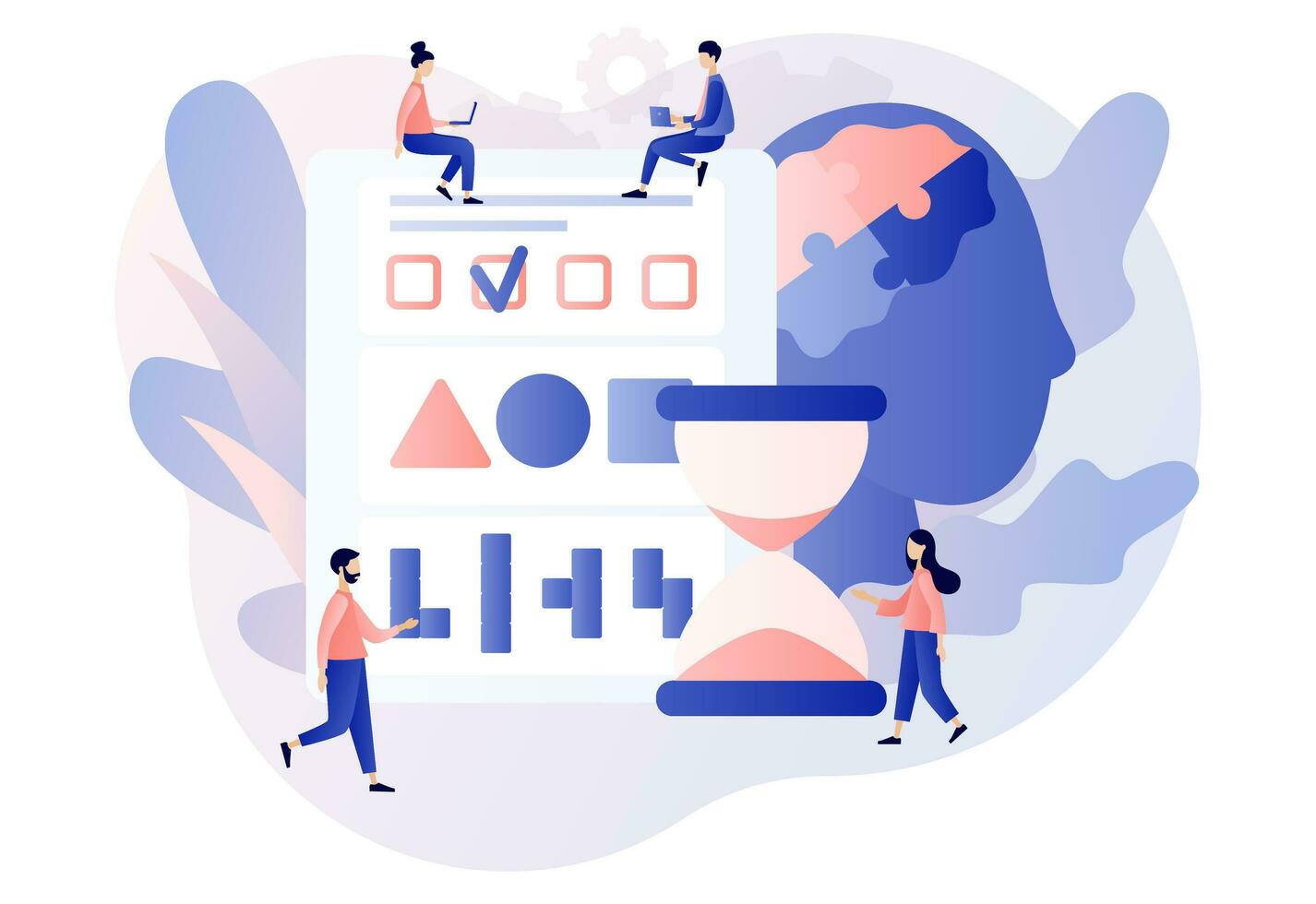 IQ test. Tiny people determine cognitive abilities. Intelligence Quotient. Modern flat cartoon style. Vector illustration on white background