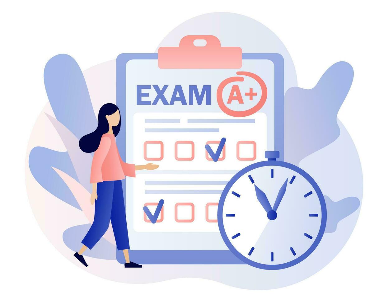 Exam concept. Tiny girl student with test exam result. Education, studying, Digital elearnning, degree, graduate concept. Modern flat cartoon style. Vector illustration on white background