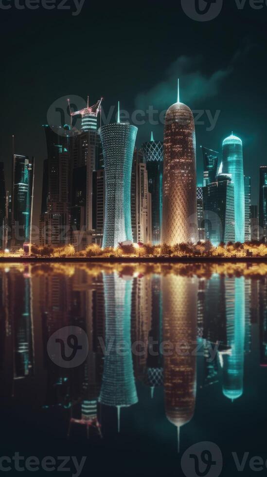 Dazzling Night Panoramic View of Qatar Skyline Reflecting in the Water. Technology. photo