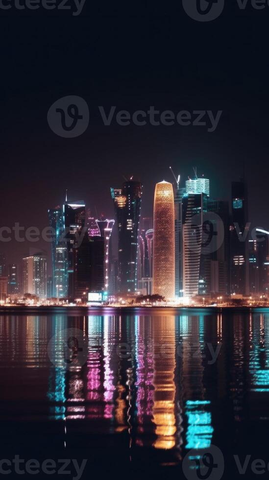 Dazzling Night Panoramic View of Qatar Skyline Reflecting in the Water. Technology. photo
