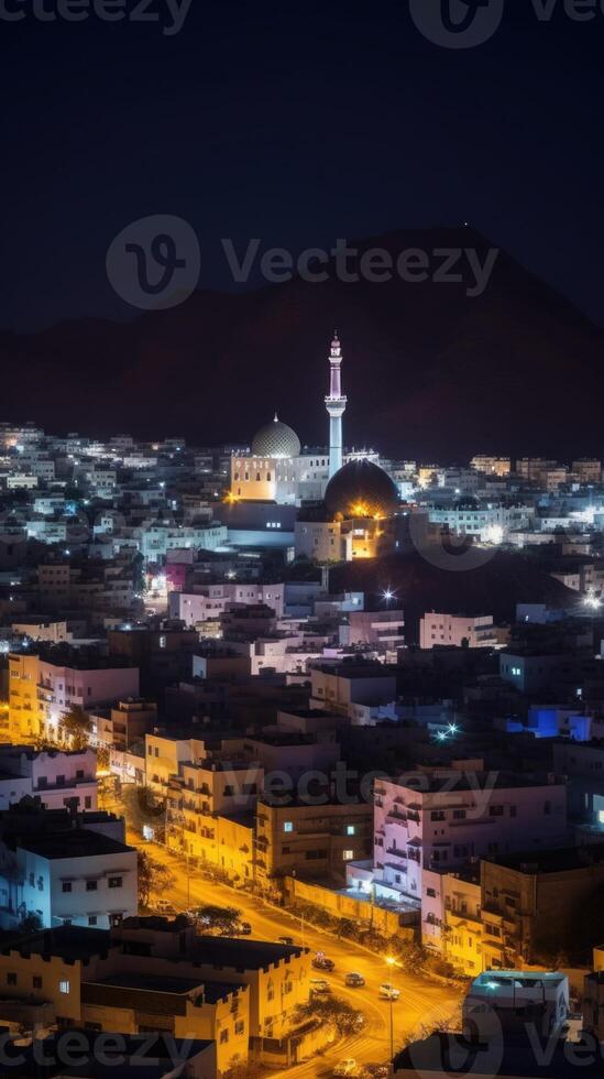 Dazzling Night Cityscape of Muscat, Oman Skyline and Residential Buildings. Technology. photo