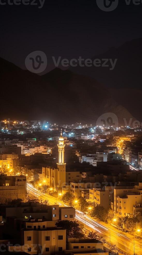 Dazzling Night Cityscape of Muscat, Oman Skyline and Residential Buildings. Technology. photo