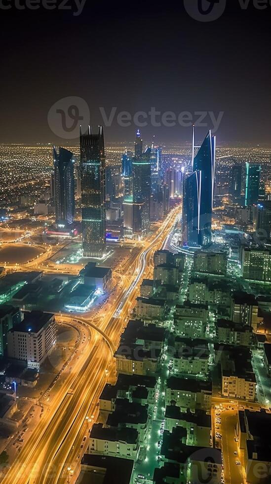 Dazzling Night City Shot of Riyadh Showing Skyline Landmarks, Office and Residential Buildings in South Arabia. Technology. photo