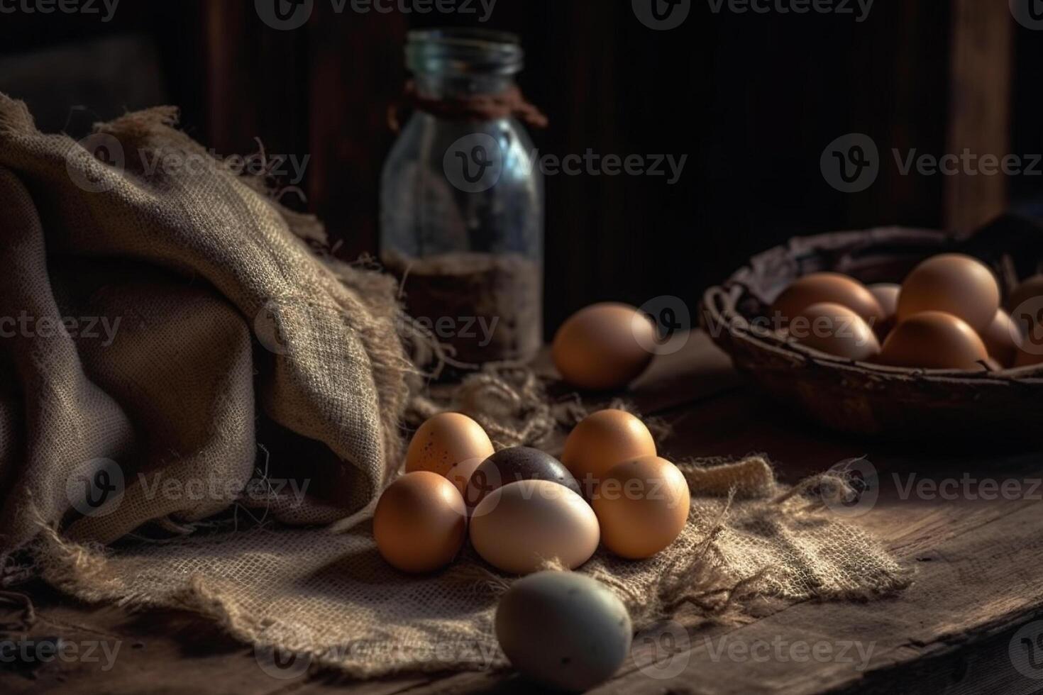 Raw eggs product photography arrangement with natural light. photo