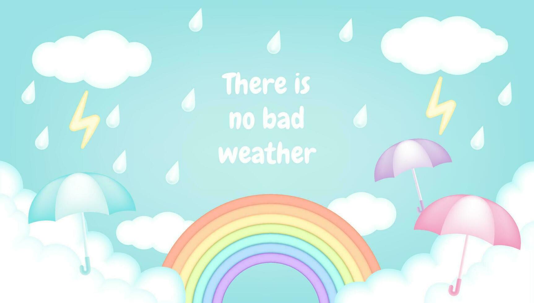 Bright and colorful kids vector 3d illustration of a rainy day with a clouds, lightning, rainbow, raindrops, umbrellas. For advertising, banners, coupons, flyers, posters, promotions,  monsoon season