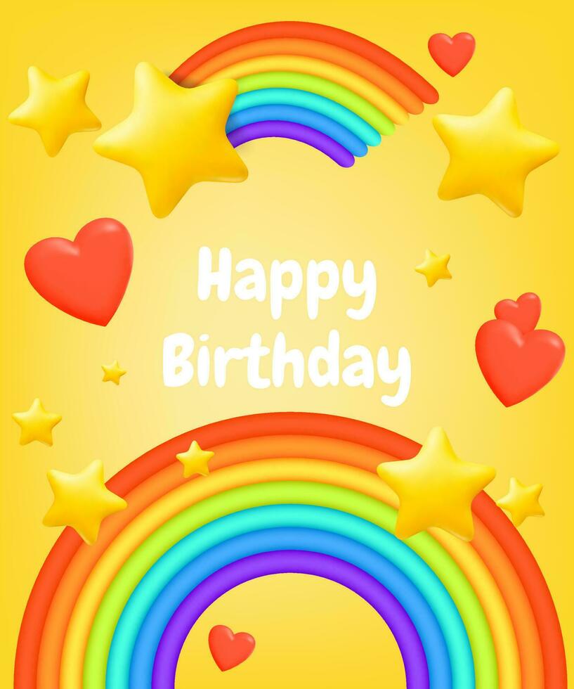 Colorful vector illustration of a happy birthday card with balloons, rainbow, yellow stars, hearts and bright colors. Perfect for birthday invitations, banners, and announcements for kids and babies.