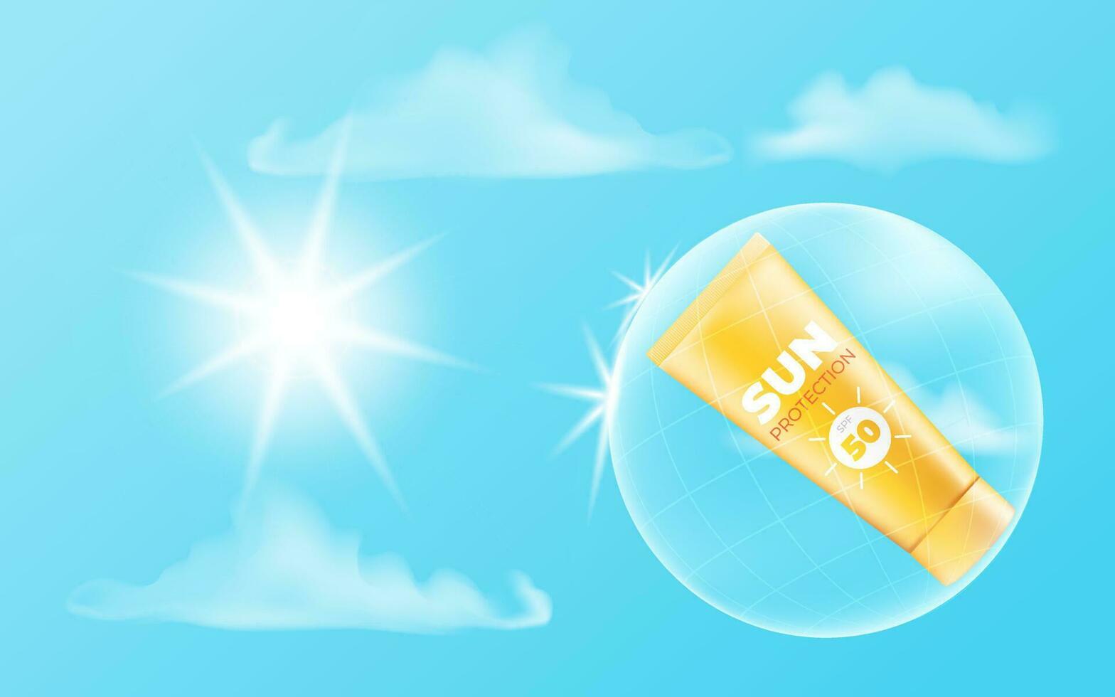 A vector illustration of a blue sky with clouds and sunlight, featuring a sunscreen tube with SPF 50. Perfect for summer sales, promotions, flyers, posters. Ideal for skin care, dermatology