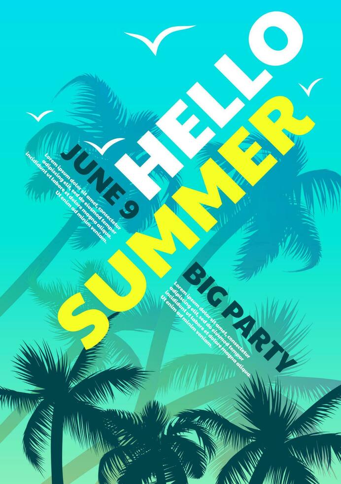 Creative tropical vector illustration featuring colorful gradient background, palm leaves silhouettes and typography ideal for summer party flyers, posters templates with beach, vacation and holiday