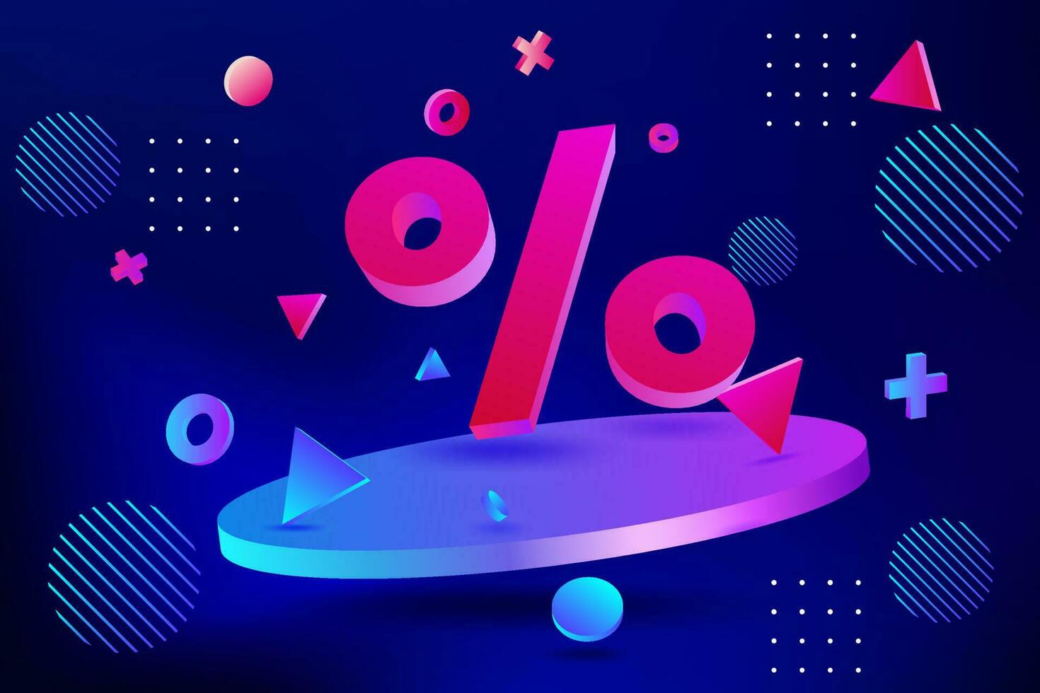 Modern 3D Vector Illustration of a neon Blue Pedestal Platform Scene with percent sign for Business Promotion, Flyer Template, Offers, Sales and Discounts. Abstract geometry design background