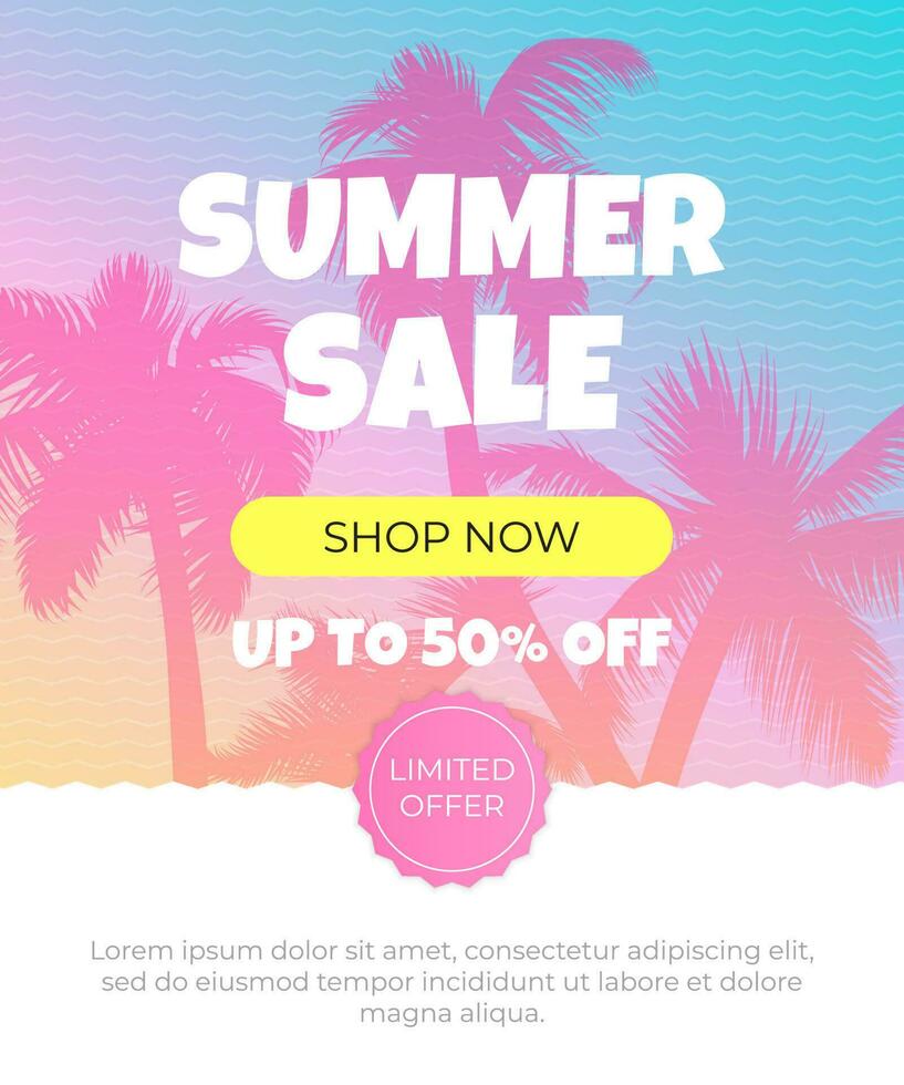 Summer sale banner design features a tropical beach landscape with palm tree leaves, gradient sky. The template includes a Shop Now button, zig zag geometry pattern, limited offer and typographic text vector