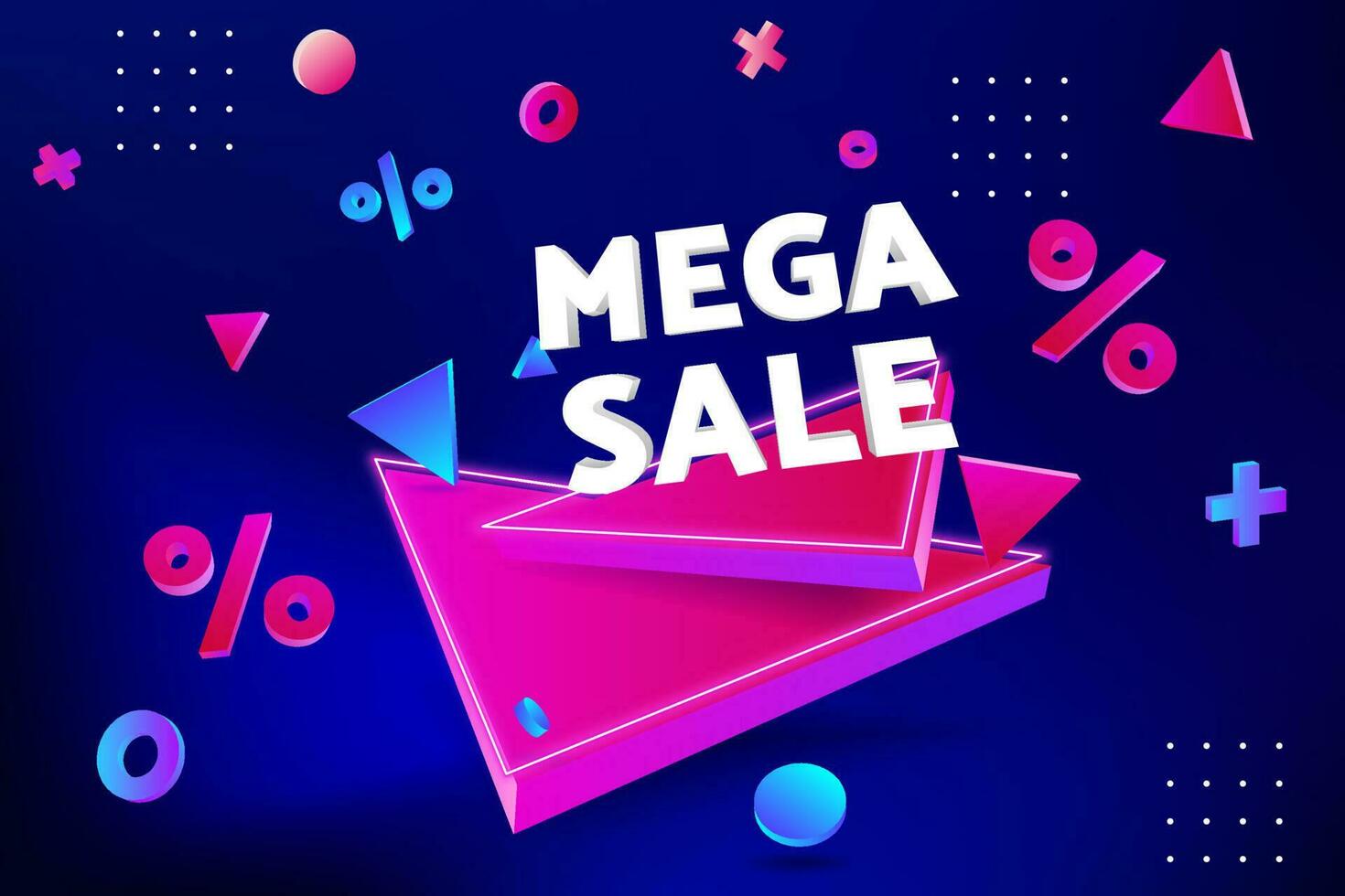 Mega Sale, Modern 3D Vector Illustration of a Neon Triangle Pedestal Platform Showcase Scene for Business Promotion, Flyer Template, Offers and Sales. Abstract geometry design background, percent sign