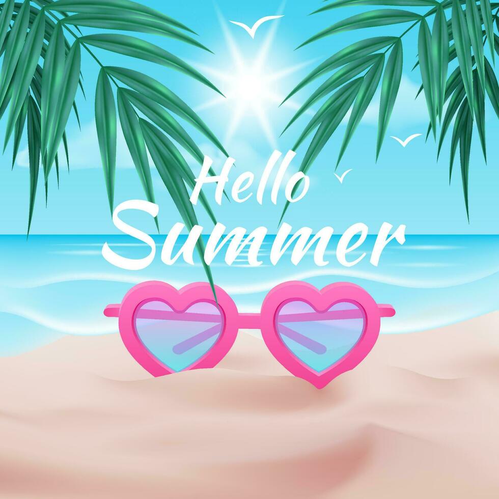 Hello Summer banner, a pair of heart shaped sunglasses, an eyeglass, and a palm tree, beach sand, waves and sunshine horizon. Tropical beach landscape background for traveling vector