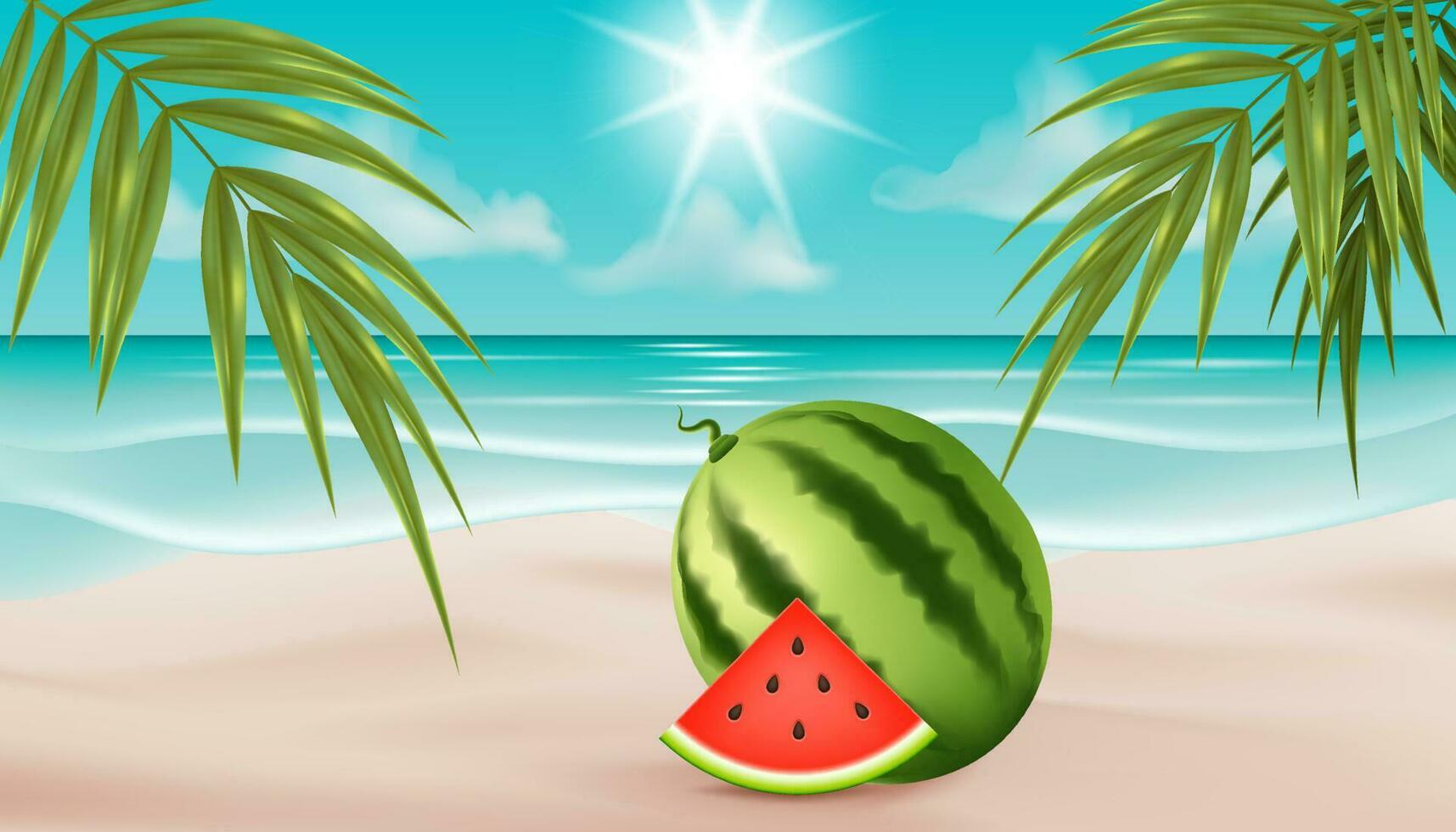 Vector illustration of a juicy watermelon slice on a sandy beach with blue ocean and palm trees. Perfect for summer designs, posters, and food related themes. Realistic and fresh design