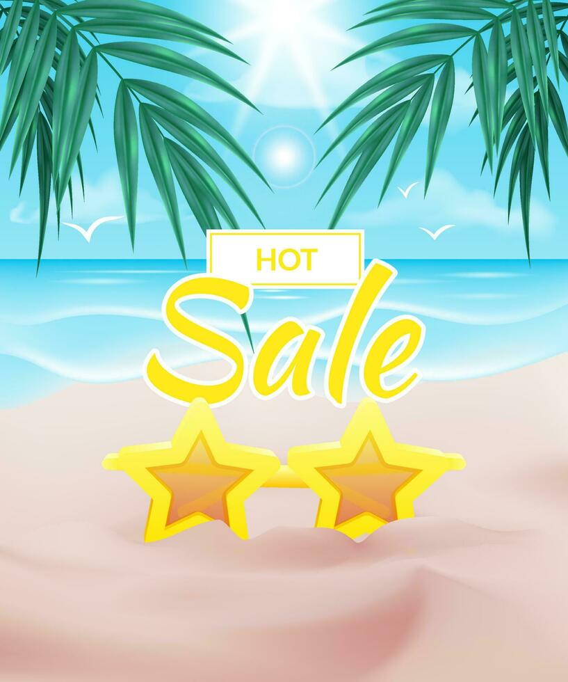 Summer sale blue banner design with palm leaves, sand, ocean waves and sun shining in the blue sky, star shaped sunglasses on tropical paradise beach scene background for advertising summer discounts vector