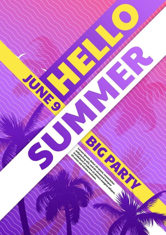 Vector hello summer banner, big party. Colorful abstract beach party background with palm leaves. Tropical neon banner. Exotic pop music event flyer. Creative summer sale poster template. Palm tree.