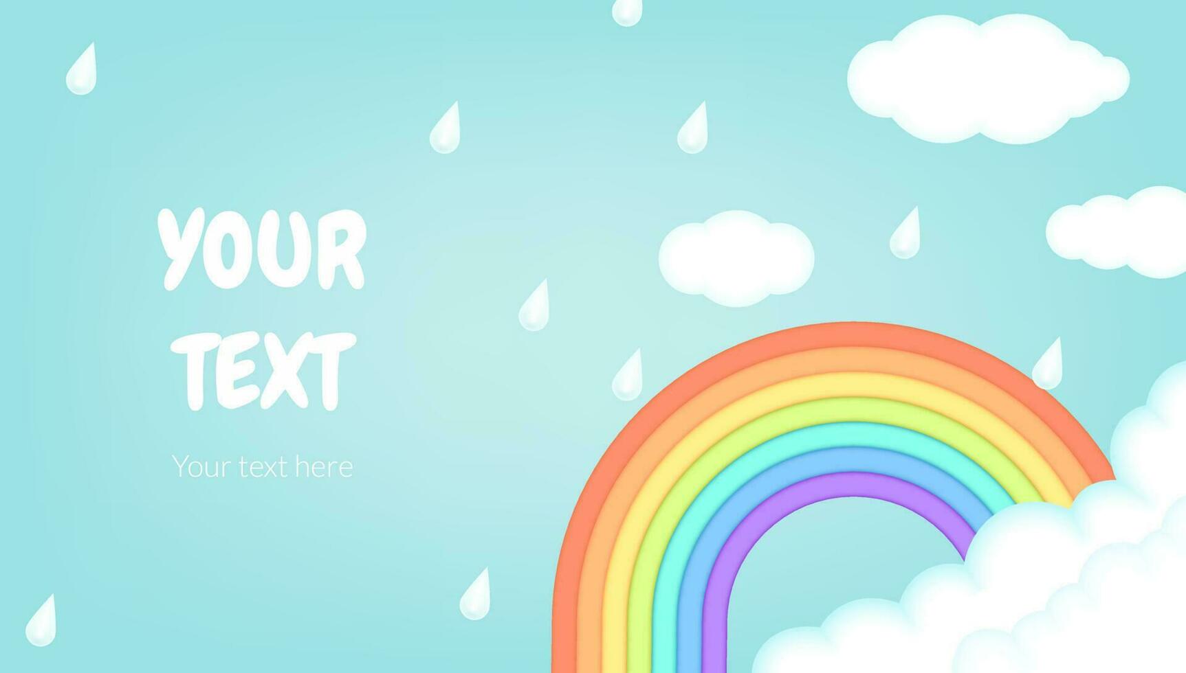 Bright and colorful 3d clay vector illustration of a rainy day with a rainbow, raindrops and clouds. Banner for sales and coupon promotions with copy space.