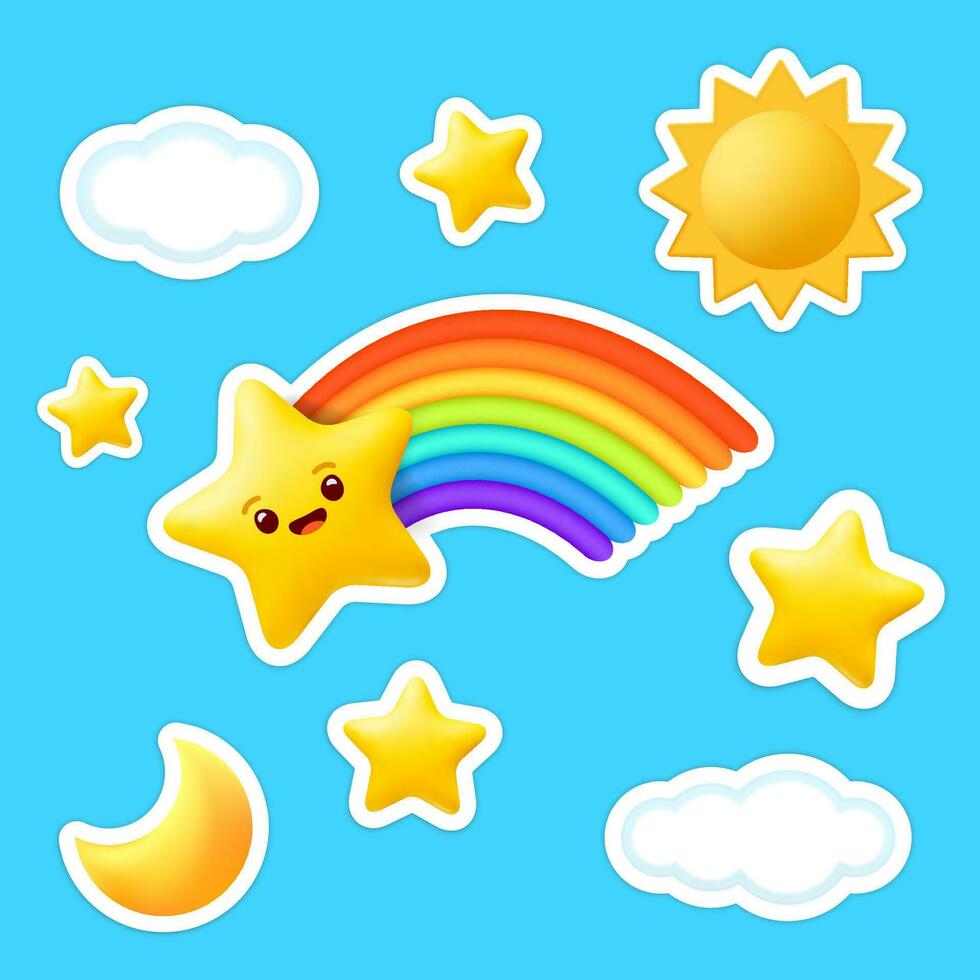 dibujos animados 3d vector conjunto de emoticones y pegatinas con estrellas, arcoíris, sol, Luna y nubes creativo y gracioso dibujos animados caracteres aislado en un soleado cielo antecedentes. Perfecto para social medios de comunicación charla