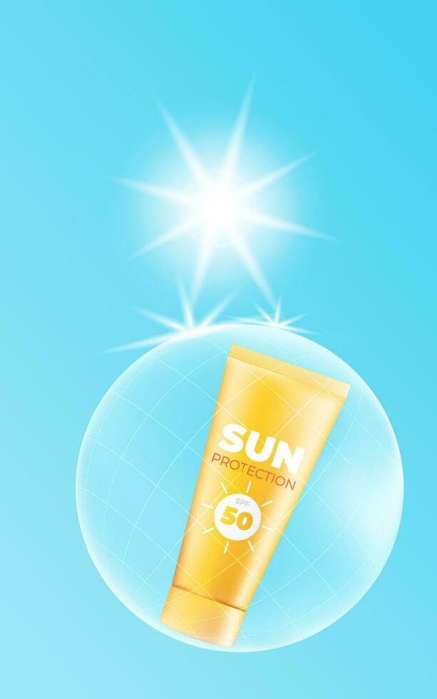 azul cielo con luz de sol, presentando un protector solar tubo con spf 50 en un proteccion burbuja. Perfecto para verano ventas, promociones, volantes, carteles piel cuidado, dermatología. protegido desde Dom rayos vector