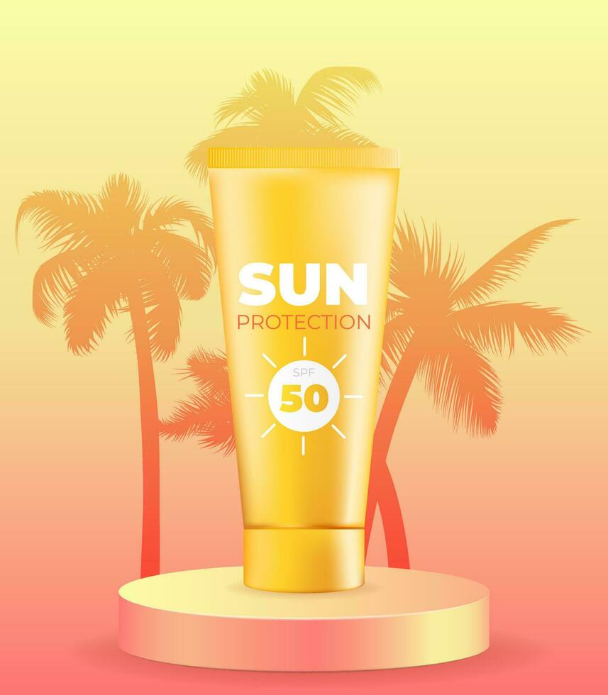un vector ilustración de un naranja puesta de sol terminado un tropical playa con un palma árbol y un protector solar tubo en un pedestal. Perfecto para verano ventas, promociones, volantes, carteles ideal para piel cuidado
