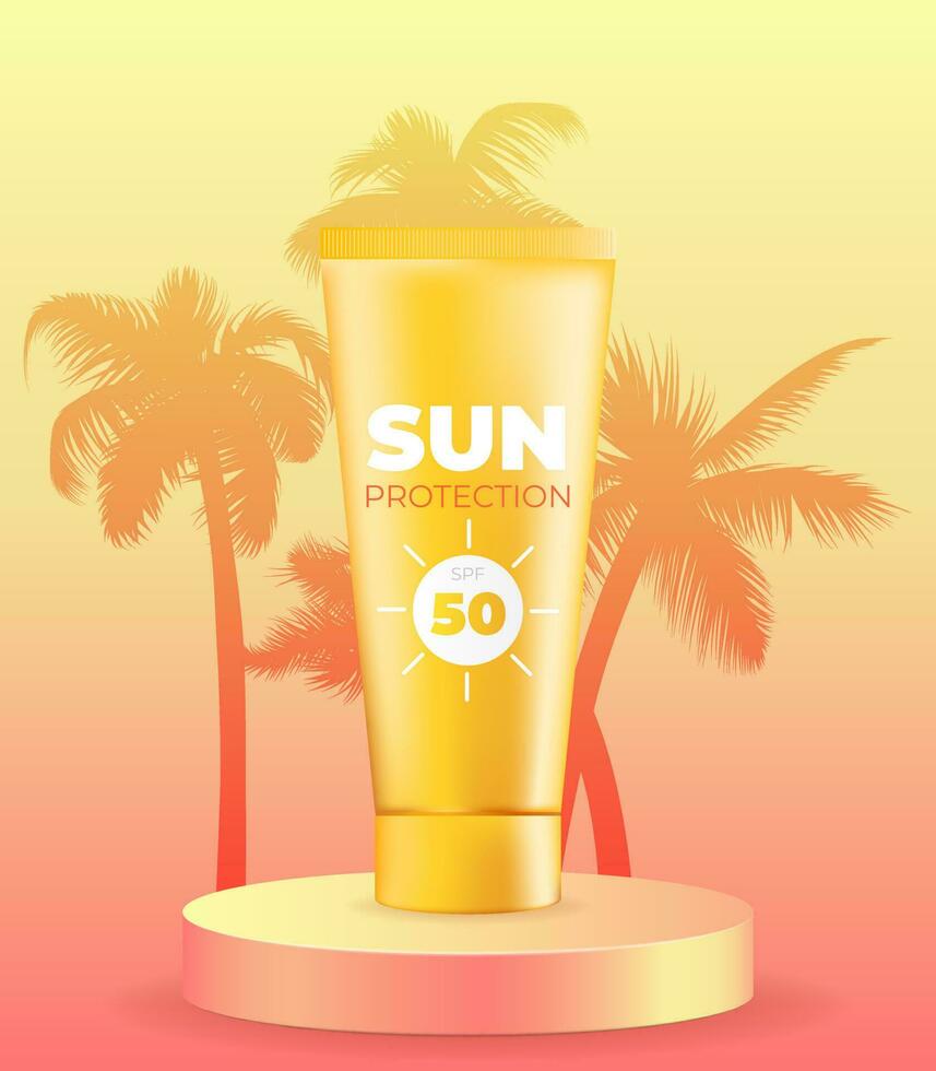A vector illustration of an orange sunset over a tropical beach with a palm tree and a sunscreen tube on a pedestal. Perfect for summer sales, promotions, flyers, posters. Ideal for skin care