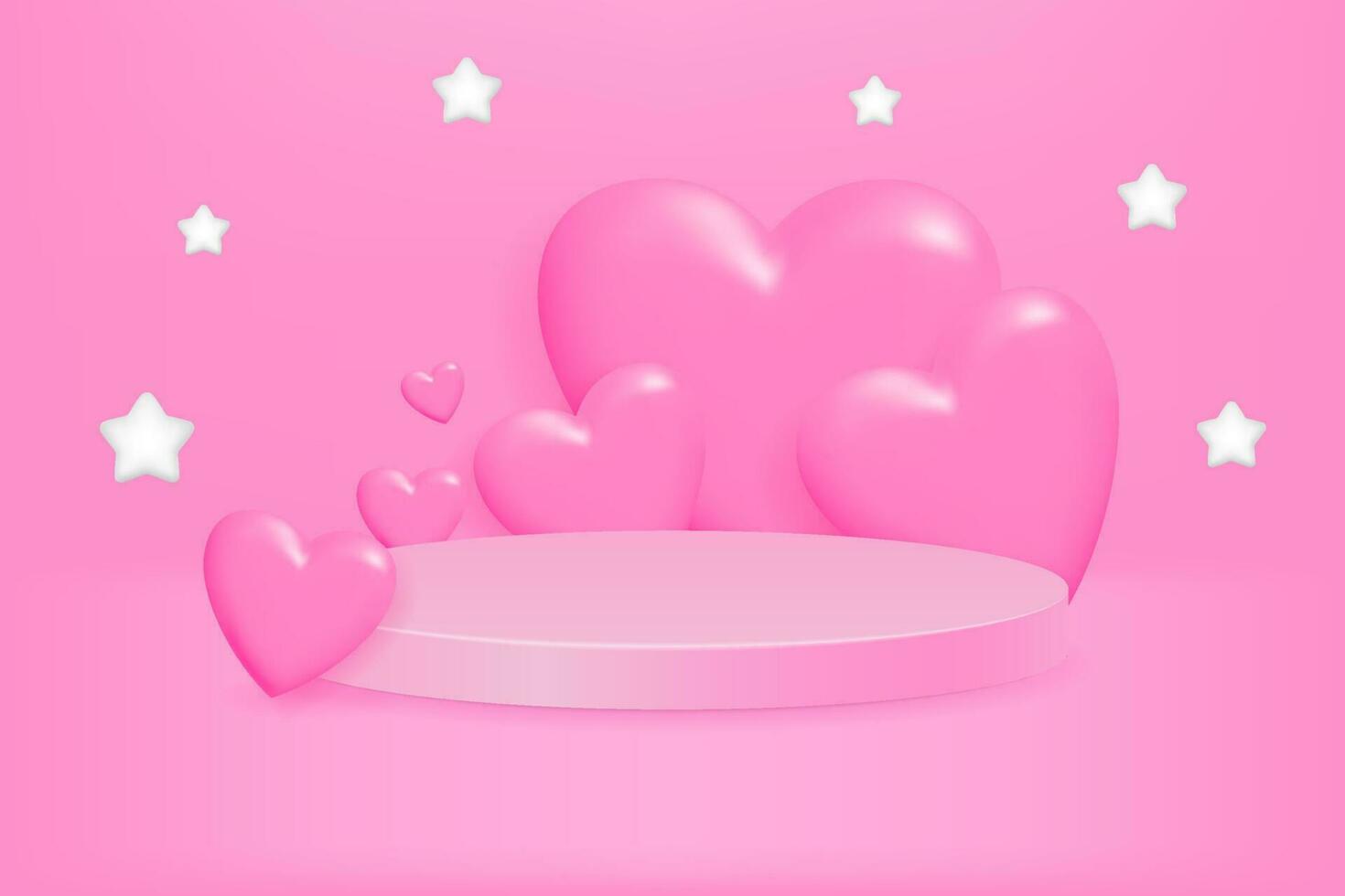 Modern, minimal 3D vector illustration of a pink backdrop with a  pedestal, and 3d hearts perfect for celebrating anniversaries, honeymoons, Valentine's Day, and weddings. Ideal for flyers, banners