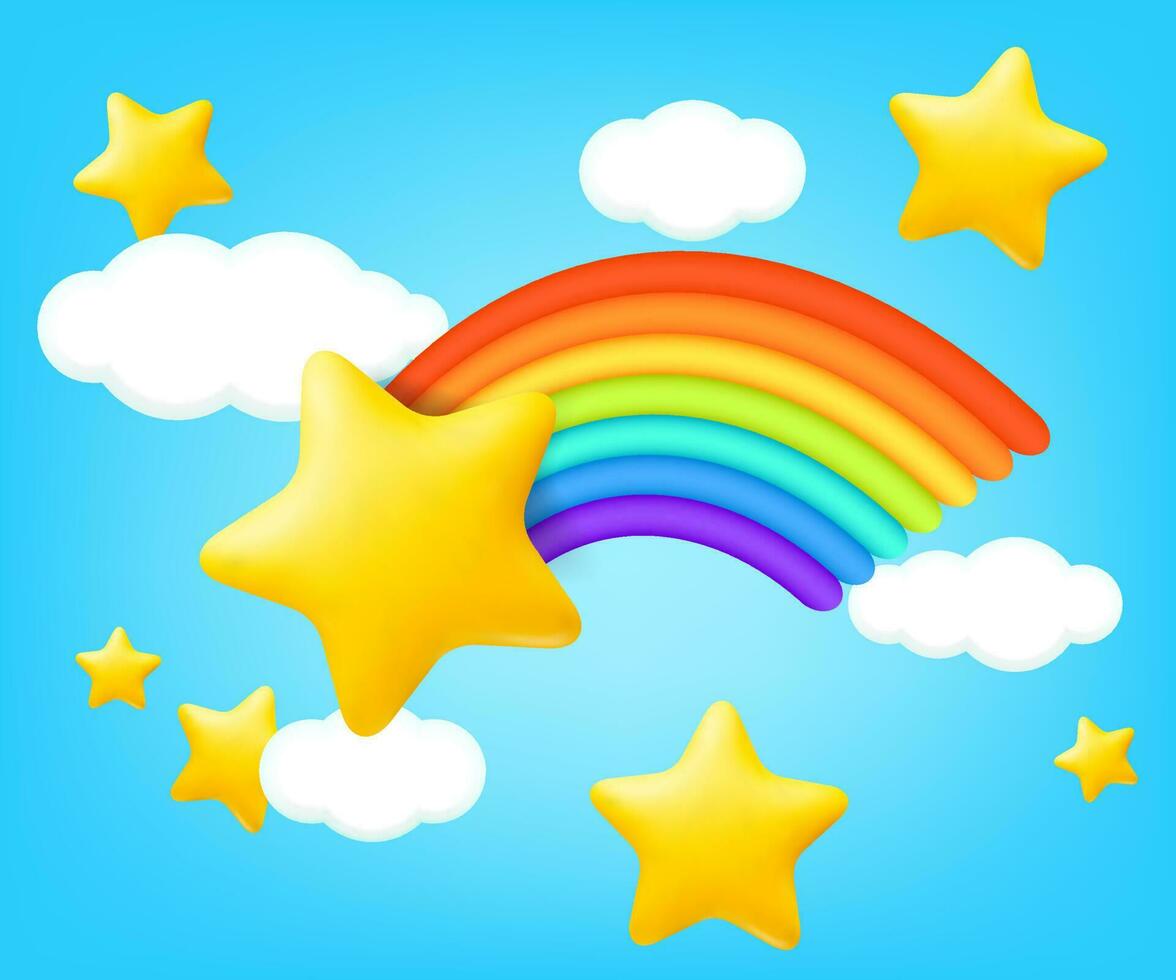 Vector illustration of children's clay scene with rainbow, clouds and stars. Blue background with fluffy white plastic clouds. Used for Summer weather and climate forecasts, kids cards and banners