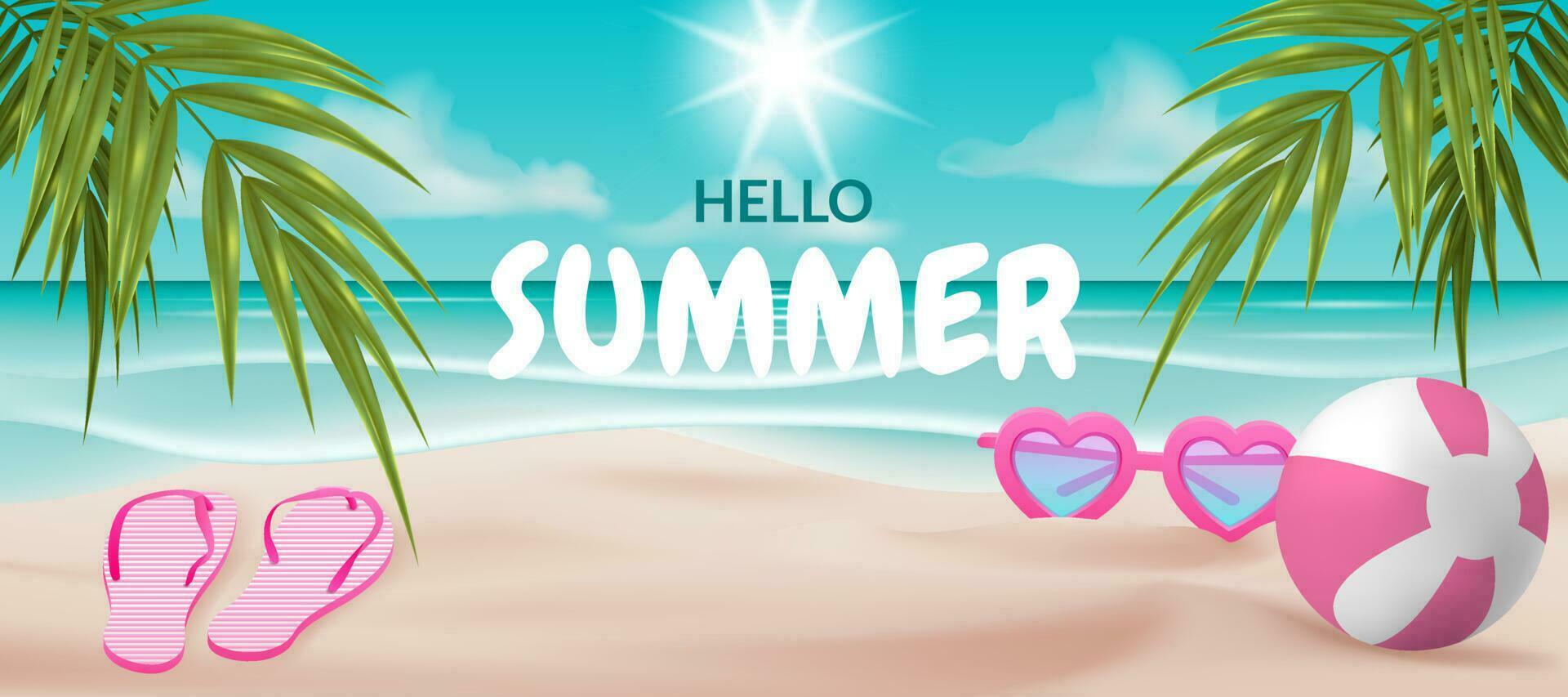 A vector illustration of a beach scene with a toy ball, heart shaped sunglasses, and a pair of flip flops. Perfect for cards, posters, banners, and other designs. Ideal for holidays, summer vacations