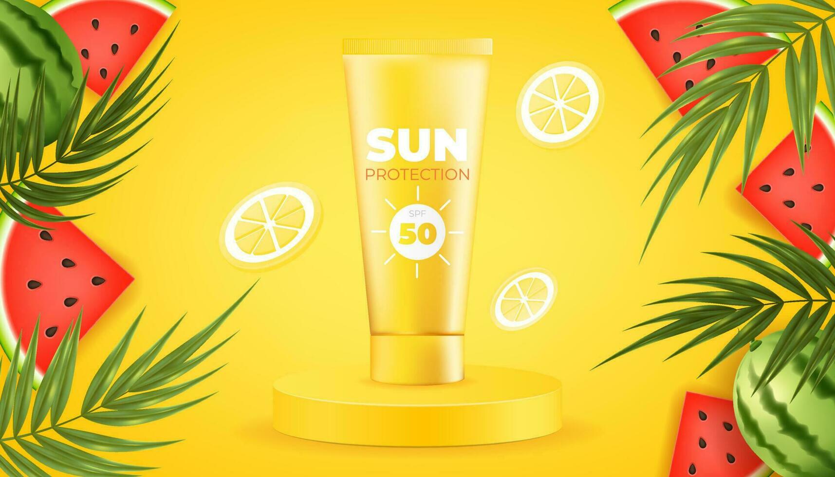 Vector illustration of juicy watermelon, exotic leaves and palm trees on a yellow background, and a sunscreen tube on a pedestal. Hydrating and moisturizing lotion for summer tanning, with UV protect