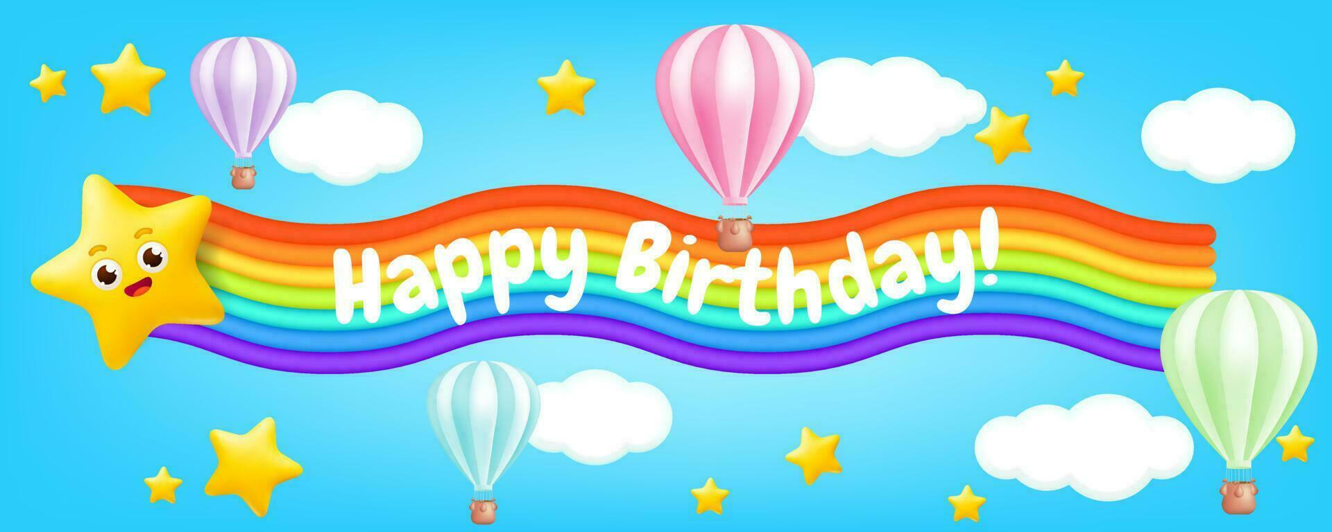 3D vector illustration of a cute cartoon air balloon flying through a pastel blue sky with stars, clouds, and a rainbow flag. Perfect for children's designs, birthday cards, and party invitations.