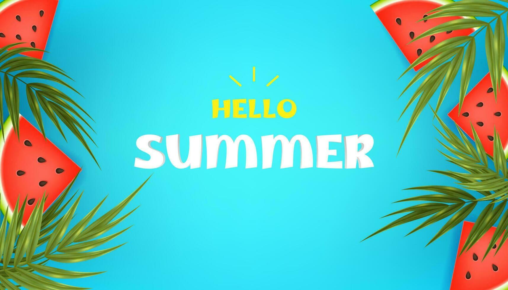 Hello summer with tropical vibes. Vector illustration of juicy watermelon, exotic leaves and palm trees on a blue background, perfect for a summer sale banner, summer promotions, flyers, posters.