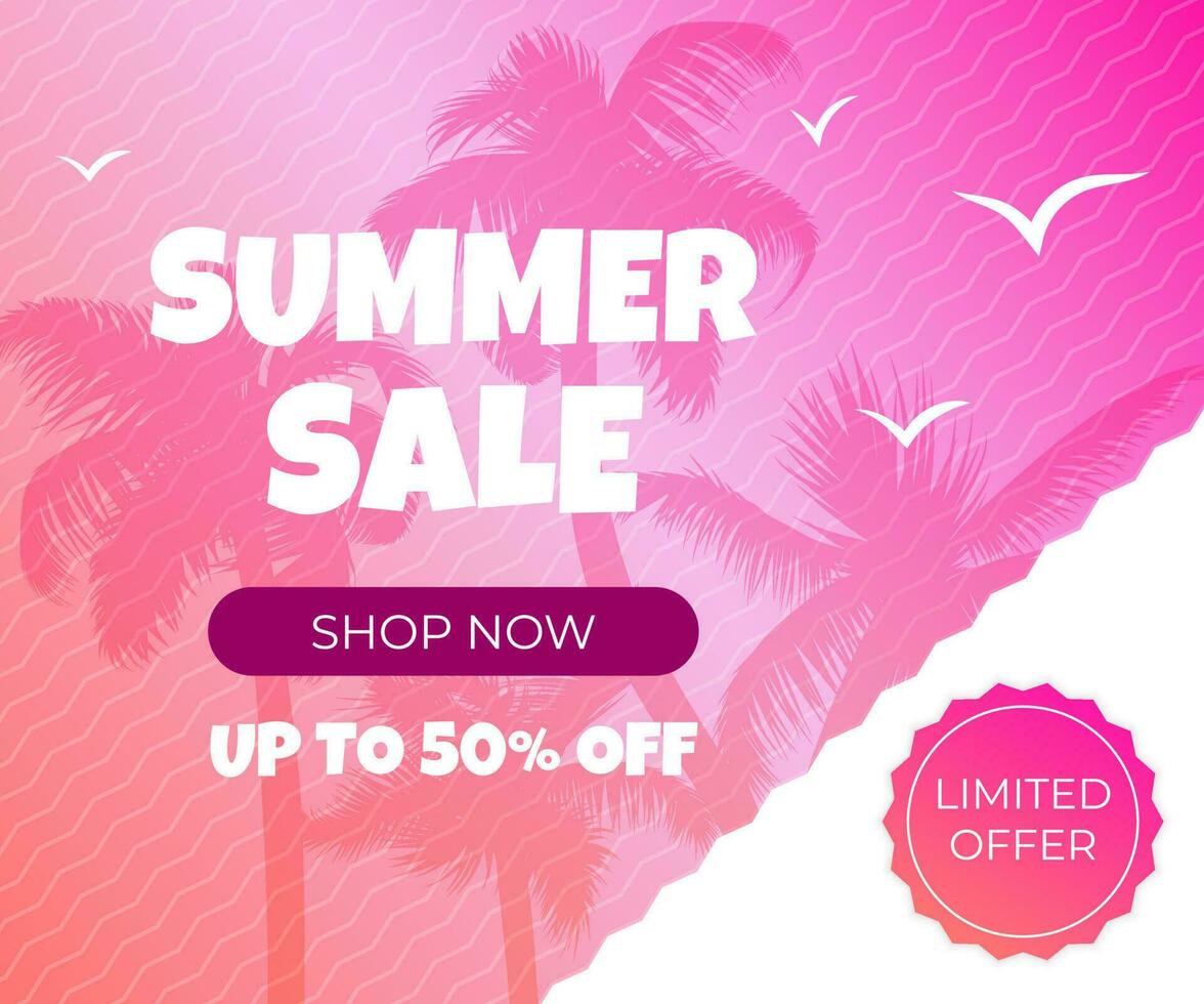 Trendy geometric zig zag line pattern, vector sale banner in modern cyan and pink color. Summer sale or retail promotion with tropic background with palm tree leaves silhouette and seagulls.