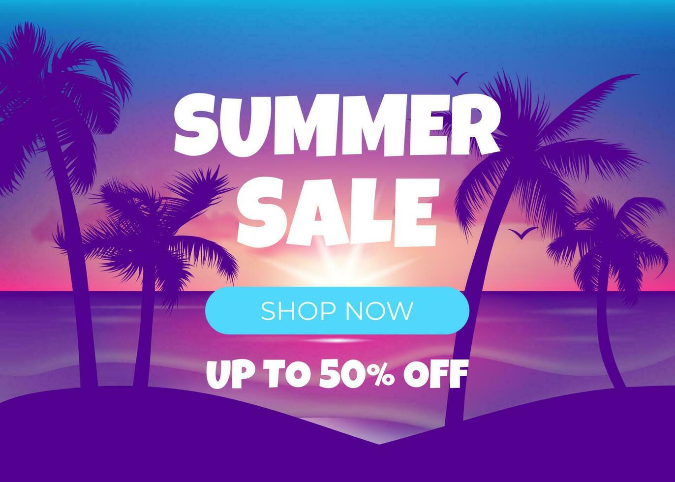 Tropical sunset banner with palm trees and sale offer. Landscape palm tree silhouettes against an abstract sun setting over the ocean. For summer travel discounts vector