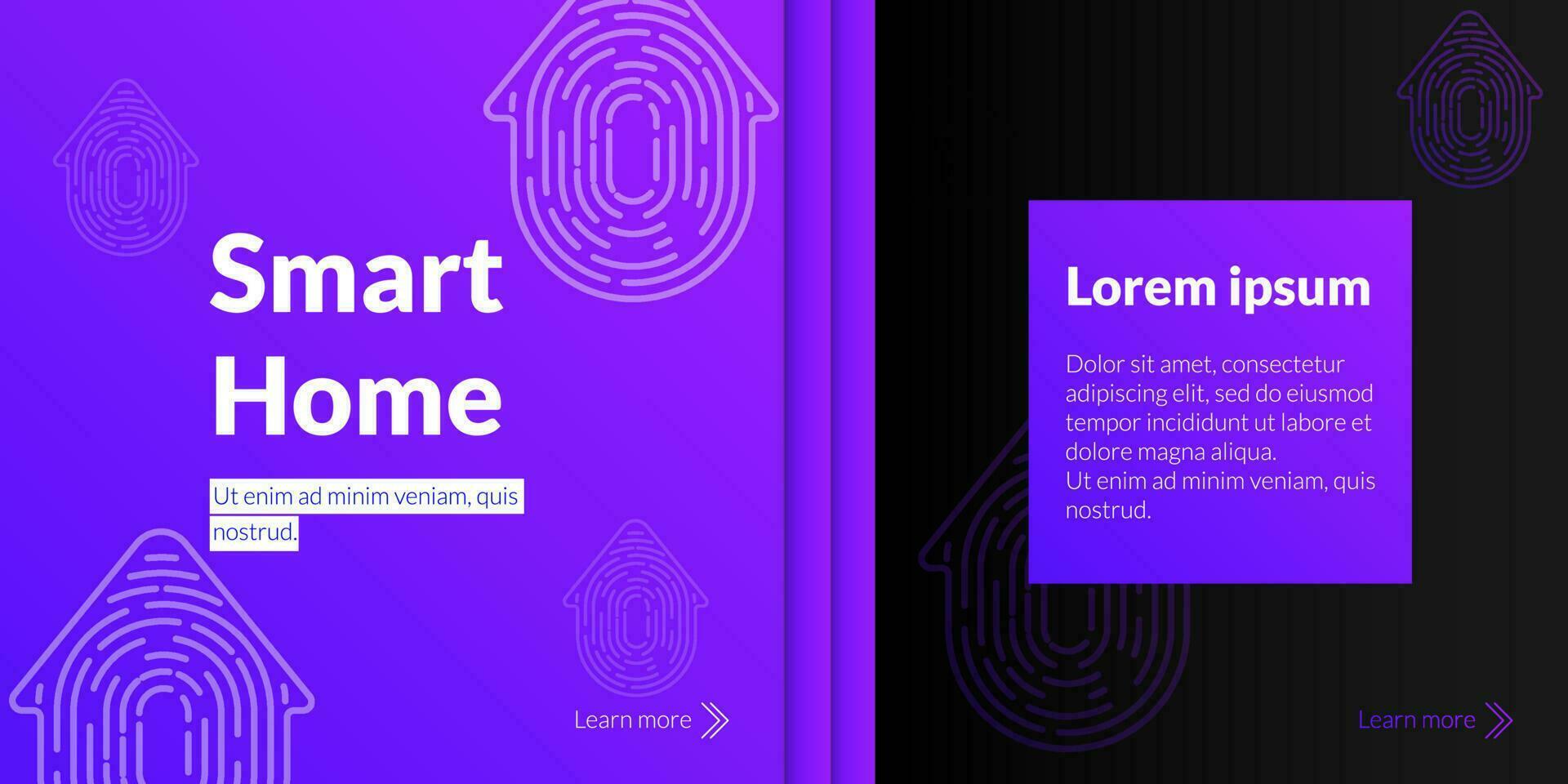 Purple futuristic banner. Latest technology in fingerprint security and smart home systems. Modern electronic automation and access control, icon of house with fingerprint. For web and print flyers vector